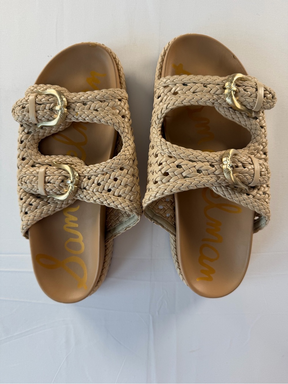 Sam Edelman Tan Woven Buckle Slide Sandals